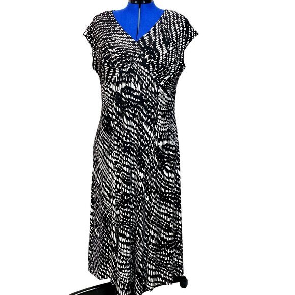 Jones New York Black White Abstract Print Cap Sleeve V-Neck Midi Dress Size 14W - Picture 1 of 8